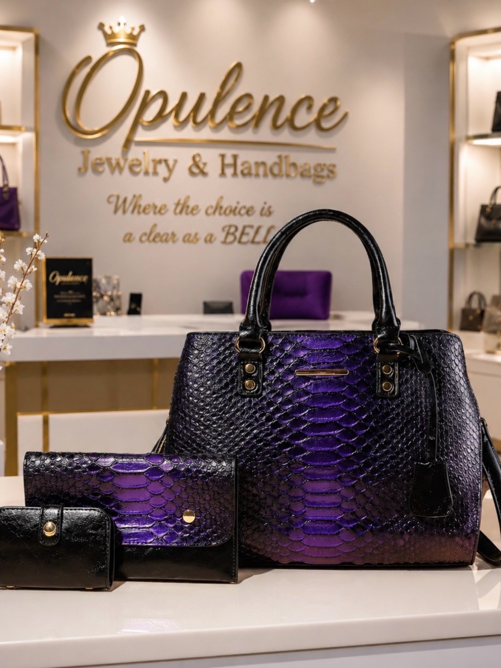 3pc Purple & Black Snake Skin -Embossed Handbag Set